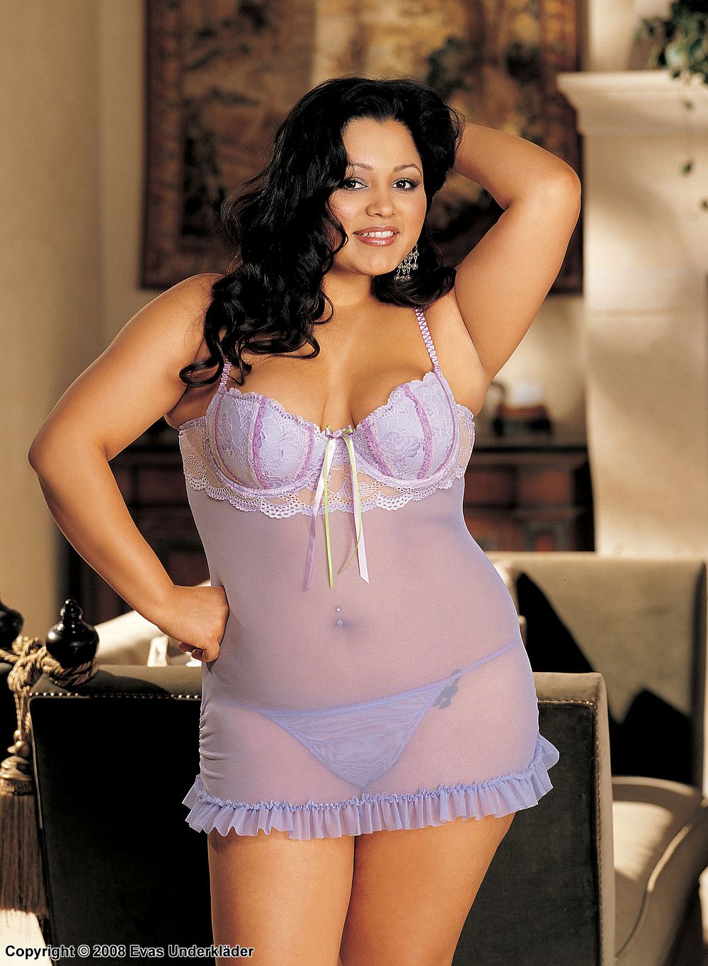 Chemise with two tone lace and stretch mesh, plus size